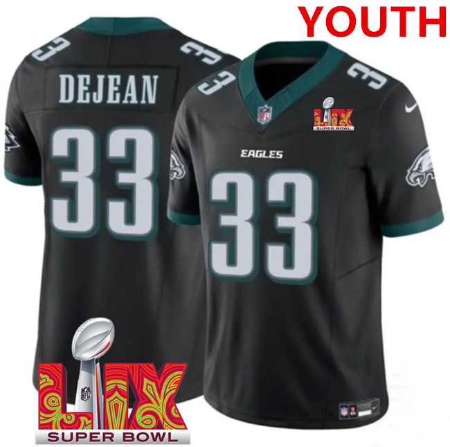 Youth Philadelphia Eagles #33 Cooper DeJean Black 2025 Super Bowl LIX Patch New F.U.S.E. Vapor Untouchable Limited Stitched Jersey